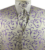 Purple Scroll Swirl V-neck Polyester  Waistcoat+Cravat+Hanky