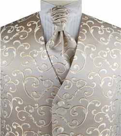 Brown Scroll Swirl V-neck Polyester  Waistcoat+Cravat+Hanky