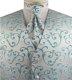 Aqua Scroll Swirl V-neck Polyester  Waistcoat+Cravat+Hanky
