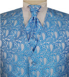 Light Blue Paisley Classical Wedding Waistcoat+Ascot tie+Hanky