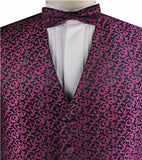 Dark Magenta Pteris Swirl Classical Wedding Tuxedo Polyester Waistcoat+Bowtie+Hanky