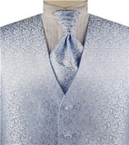 Sky Blue Lurex Fabric Swirl Classical Tuxedo Waistcoat+Cravat+Hanky