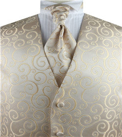 Champagne Scroll Swirl V-neck Polyester  Waistcoat+Cravat+Hanky