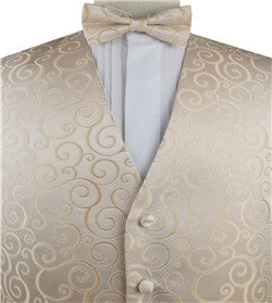 Champagne Scroll Swirl V-neck Polyester  Waistcoat+Bowtie+Hanky