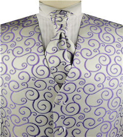 Purple Scroll Swirl V-neck Polyester Waistcoat+Cravat+Hanky