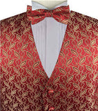 Red&Gold Lurex Yarn Flower Wedding Tuxedo Waistcoat+Cravat+Hanky