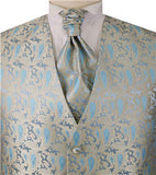 Blue&Gold Paisley Classical Wedding Waistcoat+Bowtie+Hanky