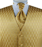 Gold Diamond Pattern Classical Tuxedo Waistcoat+Cravat+Hanky