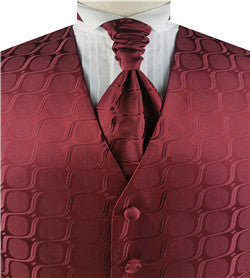 Burgundy Arc Pattern  Classical  Tuxedo Waistcoat+Cravat+Hanky