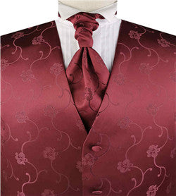 Burgundy Flower Wedding Adjustable Belt back Waistcoat+Cravat+Hanky