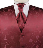 Burgundy Flower Wedding Adjustable Belt back Waistcoat+Cravat+Hanky