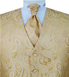 Gold Big Paisley Classical V-neck Vest+Cravat+Hanky