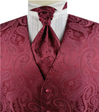 Burgundy Big Paisley Classical V-neck Vest+Cravat+Hanky