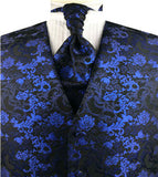 Blue Lurex Yarn Flower Tuxedo Waistcoat+Cravat+Hanky