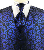 Blue Lurex Yarn Flower Wedding Tuxedo Waistcoat+Cravat+Hanky