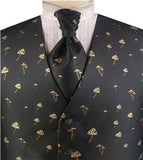 luxury Gold Mushroom Design and Black Ground  Waistcoat+Cravat+Hanky