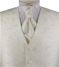 Ivory Lurex Yarn Flower Wedding Tuxedo Waistcoat+Cravat+Hanky