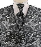 Black&White Big Paisley Classical Bridegroom Waistcoat+Cravat+Hanky