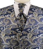 Blue&Yellow Big Paisley Classical Bridegroom Waistcoat+Cravat+Hanky