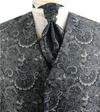 Grey Big  Paisley Classical Tuxedo Microfiber Waistcoat+Cravat+Hanky