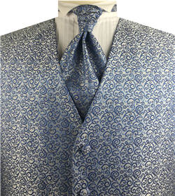 Blue&Grey Swirl Design Fashion Tuxedo Waistcoat+Cravat+Hanky