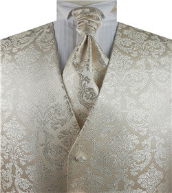 Ivory Lurex Yarn Paisley Wedding Waistcoat+Cravat+Hanky