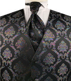 Black Colorful  Lurex Yarn Paisley Wedding Waistcoat+Cravat+Hanky