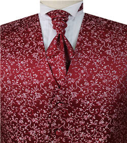 Burgundy Lurex Fabric Swirl Classical Wedding Waistcoat+Cravat+Hanky
