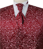 Burgundy Lurex Fabric Swirl Classical Wedding Waistcoat+Cravat+Hanky