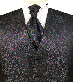 Colorful Black Lurex Fabric Swirl Classical Wedding Waistcoat+Cravat+Hanky