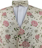 Colorful Printed Floral Wedding Linen Classical Waistcoat+Bowtie+Hanky