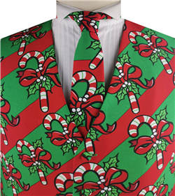 Green&Red Stripe Christmas Polyester Printing Fabric Waistcoat+Necktie