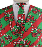 Green&Red Stripe Christmas Polyester Printing Fabric Waistcoat+Necktie