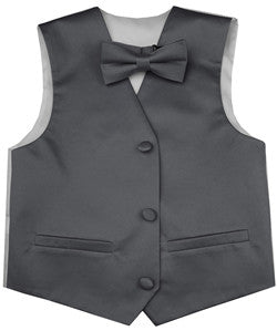Grey Flower Boys Solid Waistcoat With Bowtie
