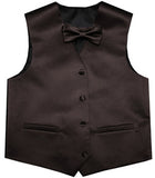 Dark Coffe  Flower Boys Solid Waistcoat With Bowtie