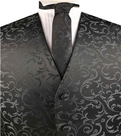 Black Even Swirls Classical Wedding Waistcoat+Necktie+Hanky