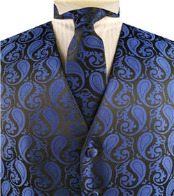Navy Paisley Classical Tuxedo V-neck Waistcoat Set