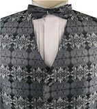 Grey Floral Classical Wedding/Tuxedo Waistcoat+Bowtie+Hanky