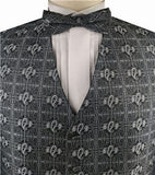 Grey Microfiber Paisley Tuxedo Waistcoat+Bowtie+Hanky