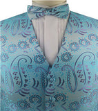 Turquoise Microfiber Paisley Tuxedo Waistcoat+Bowtie+Hanky