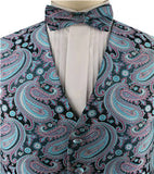 Mix Aqua Microfiber Paisley Tuxedo Waistcoat+Bowtie+Hanky