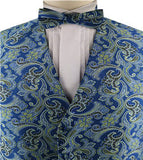 Blue&Green Microfiber Paisley Tuxedo Waistcoat+Bowtie+Hanky