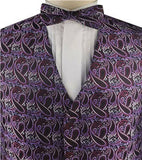 Purple&Burgundy Microfiber Paisley Tuxedo Waistcoat+Bowtie+Hanky