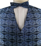 Blue Microfiber Paisley Tuxedo Waistcoat+Bowtie+Hanky